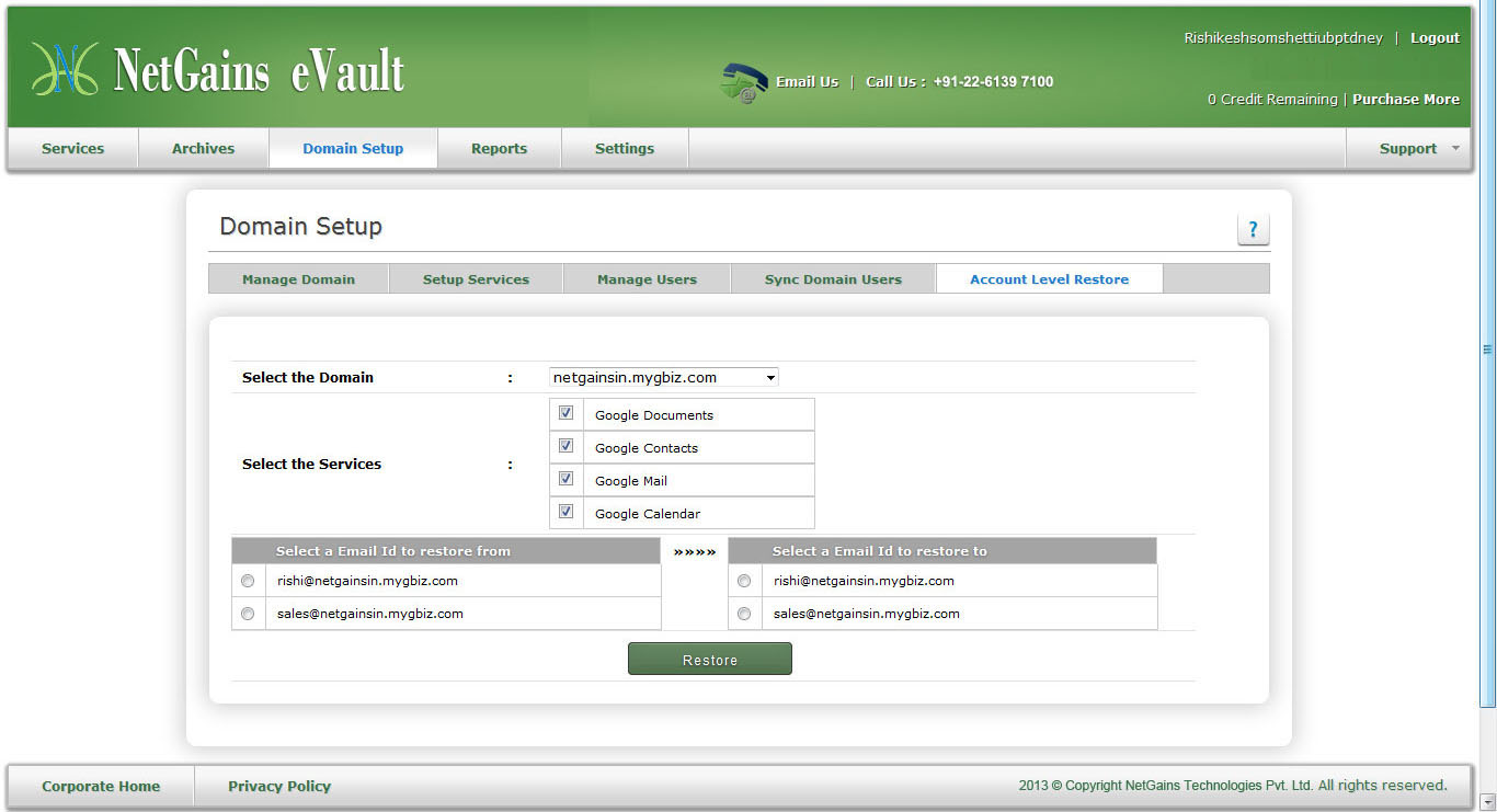 Domain Setup - Accont Level Restore