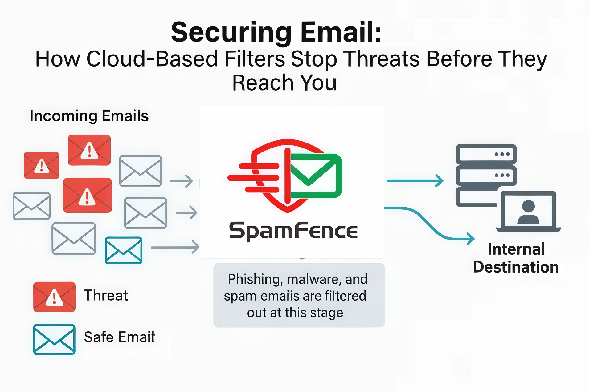 SpamFence AI email filtering process diagram