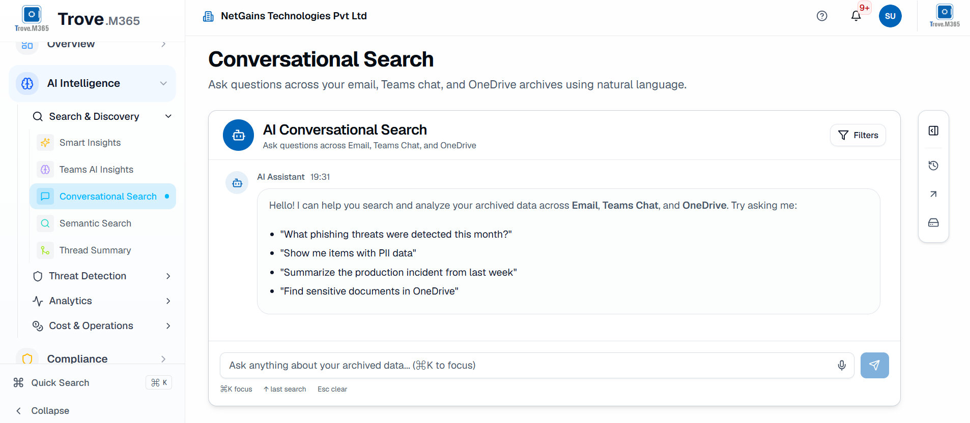 Trove.M365 conversational search interface for finding archived communication using natural language
