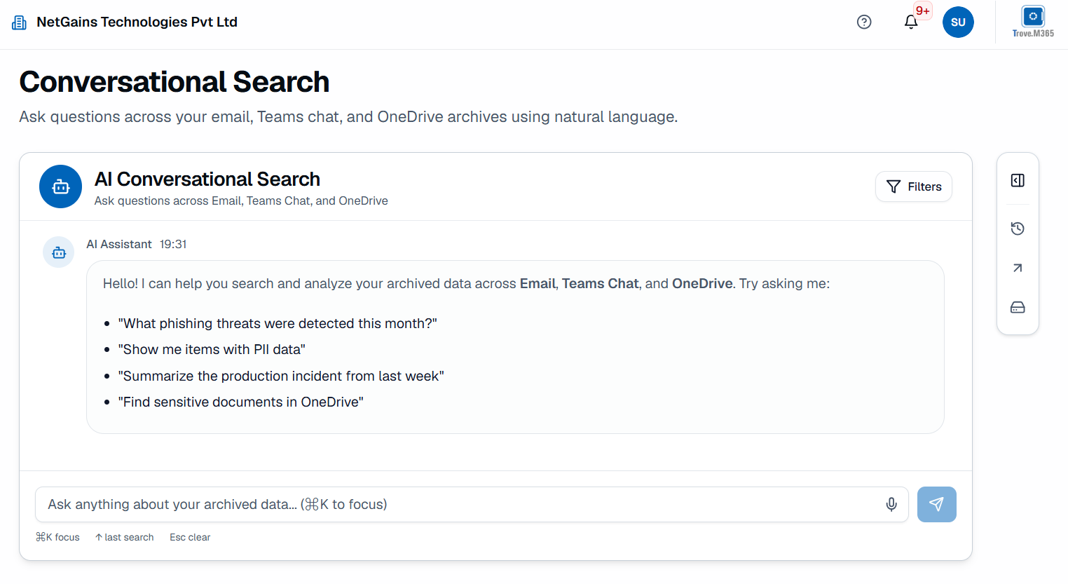 Trove.M365 Conversational Search interface showing AI-powered natural-language search across Email, Teams Chat and OneDrive archives