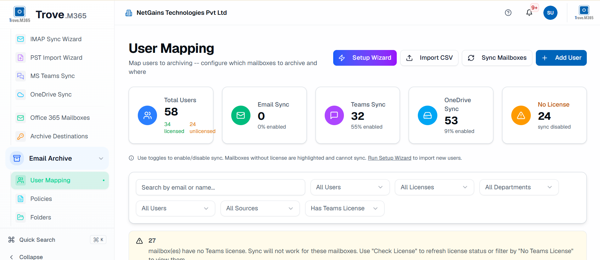 Trove.M365 user mapping interface for associating Microsoft 365 users with archive identities